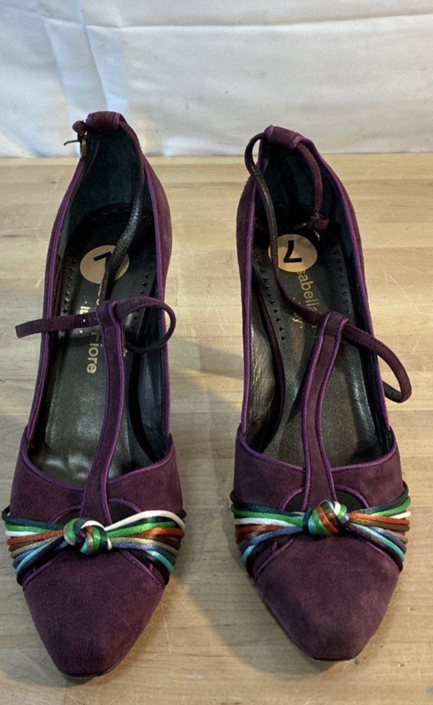 Isabella Fiore Purple Suede T-Strap Pumps Multi-Color Knot Heels Size 7