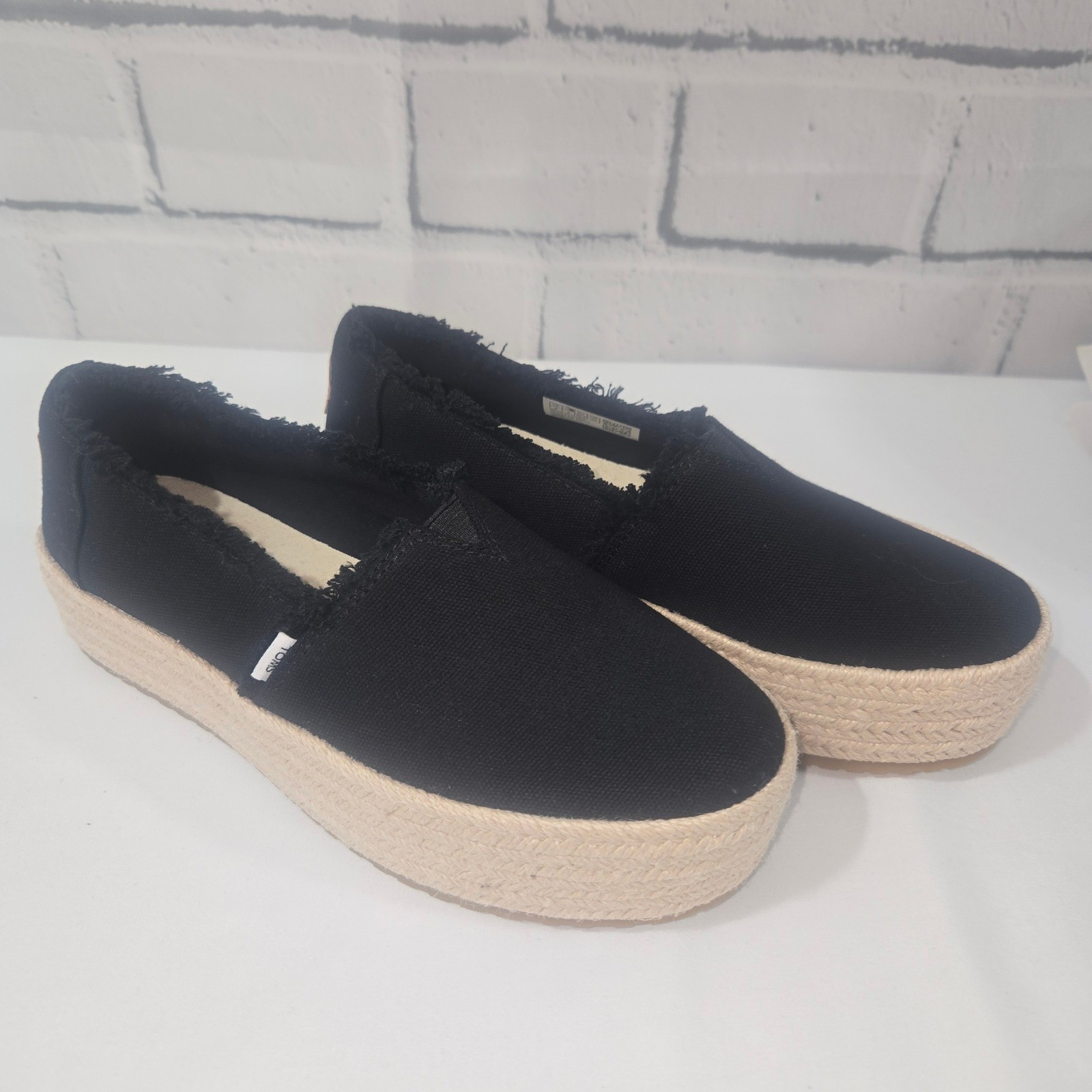TOMS Alpargata Mallow Black Canvas Frayed Platform Espadrille Shoes Womens 6