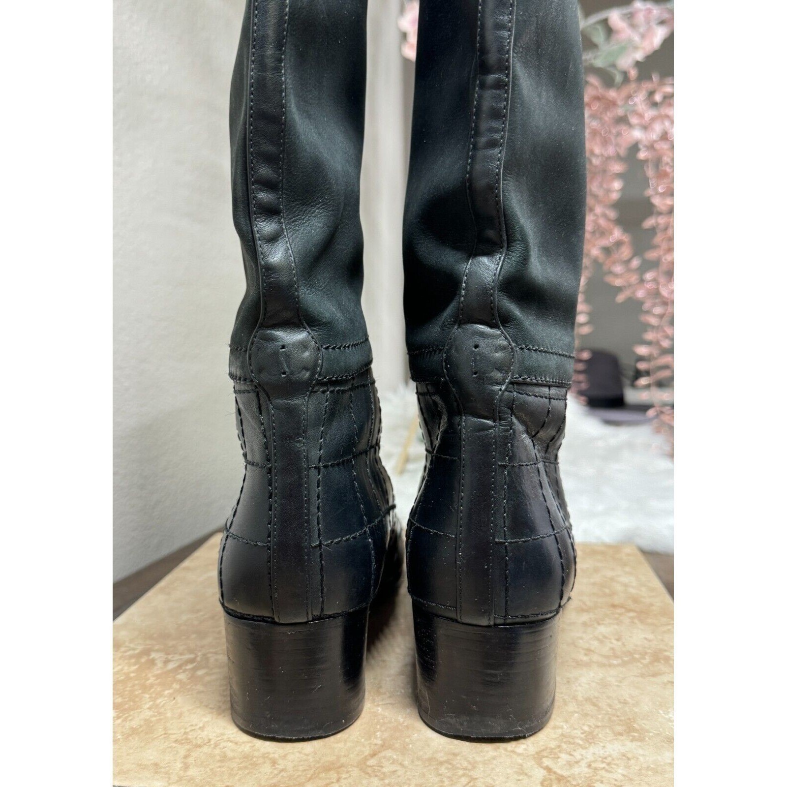 Chanel Boots Womens 8.5 Quilted Calfskin Leather Riding Knee High Quiet Luxury