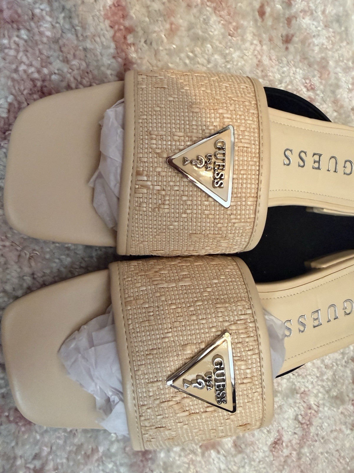 GUESS Beige Logo Slide Sandals Slip-On Slip Resistant Textile Upper 9.5 Women