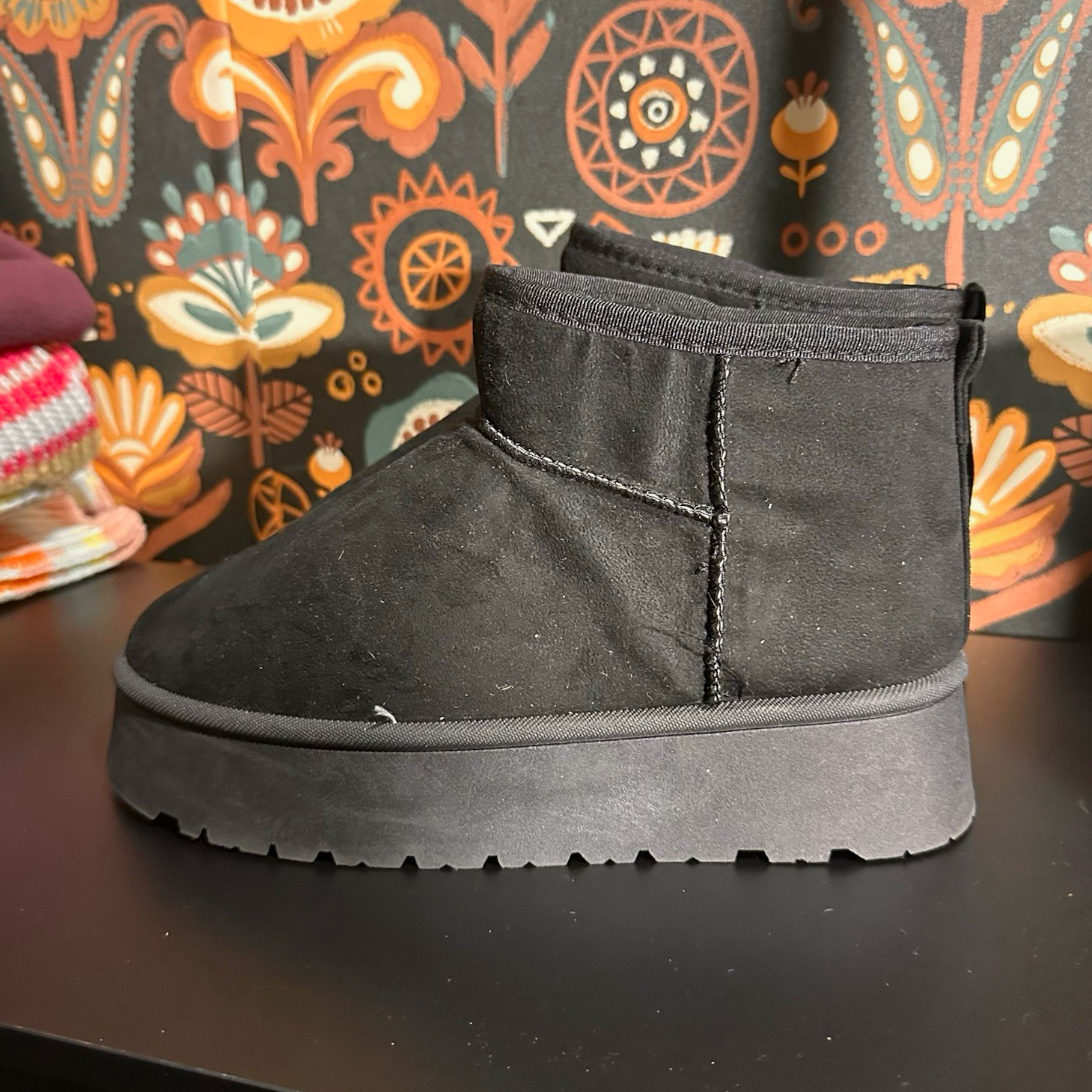 Clouddair Women’s Black Suede Platform Ankle Boots Faux Fur Lined US 7