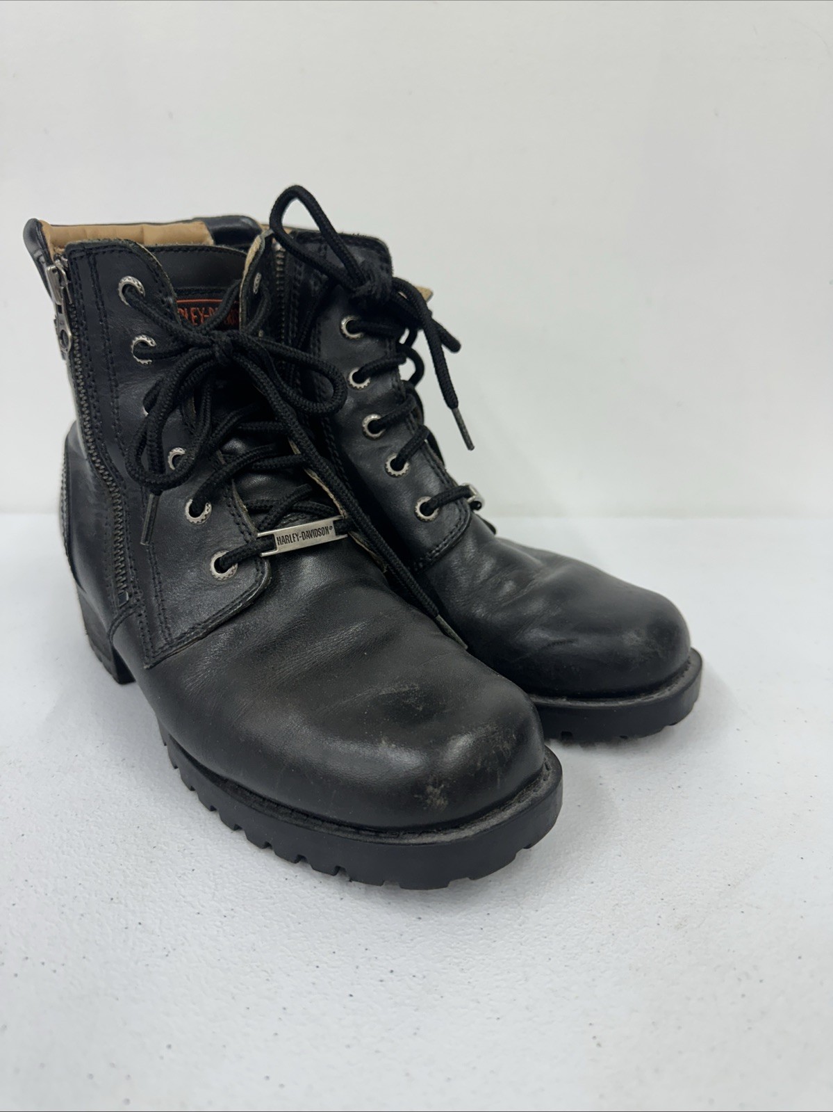 Harley Davidson Boot Womens 6.5 Black Block Heel Zipper Moto Leather Goth Grunge