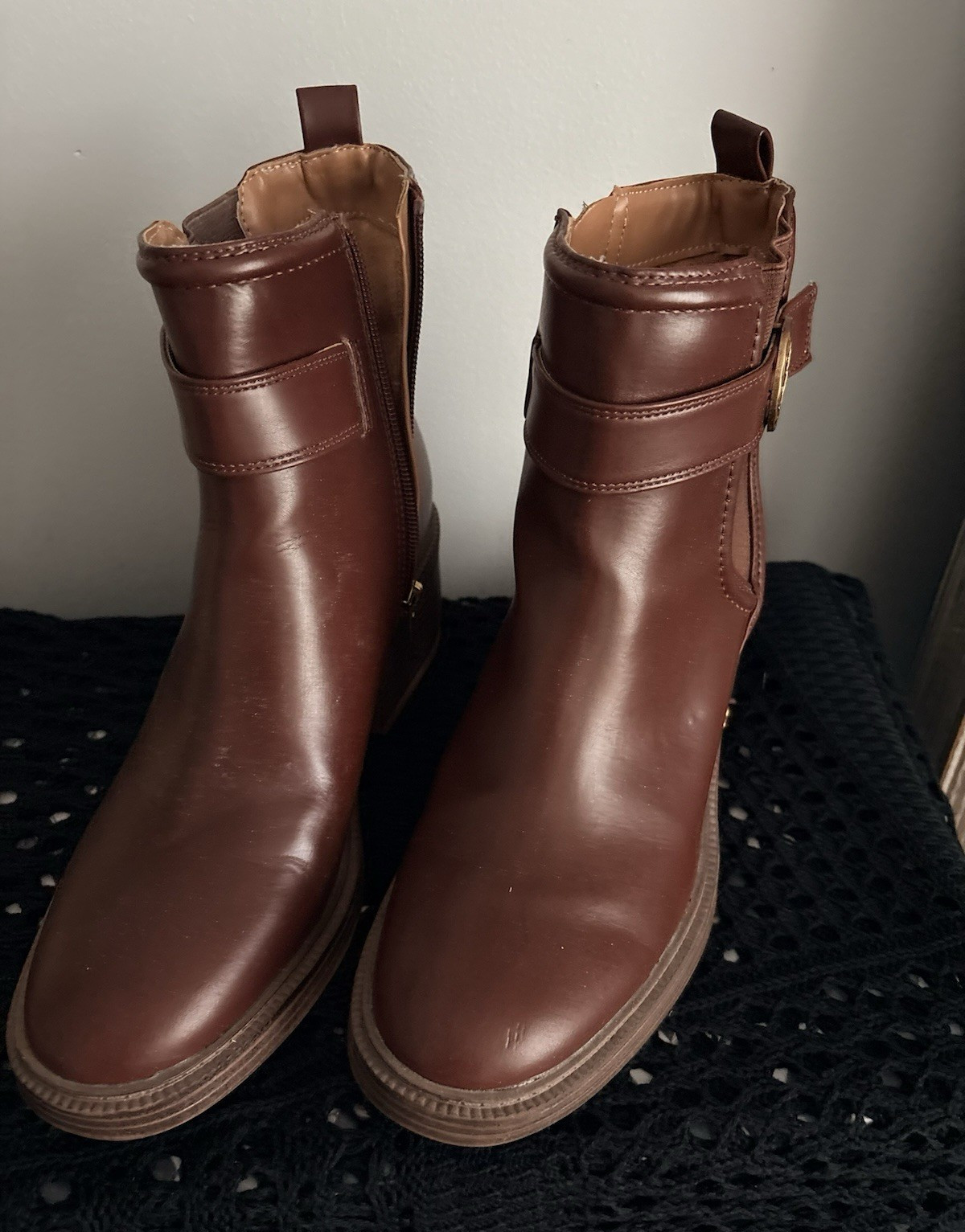 Sam Libby Women’s Brown Ankle Bootie Zip Buckle Comfort Round Toe US 9