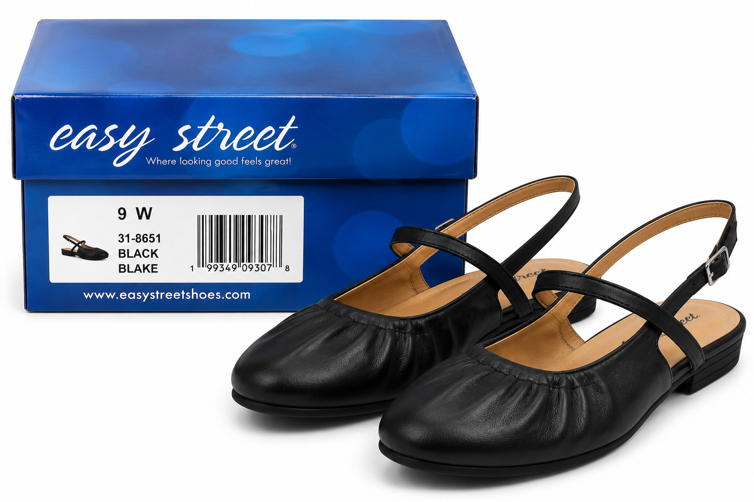 Easy Street Blake Slingback Flats Black Women’s Size 9 Wide W Comfort Shoes NIB