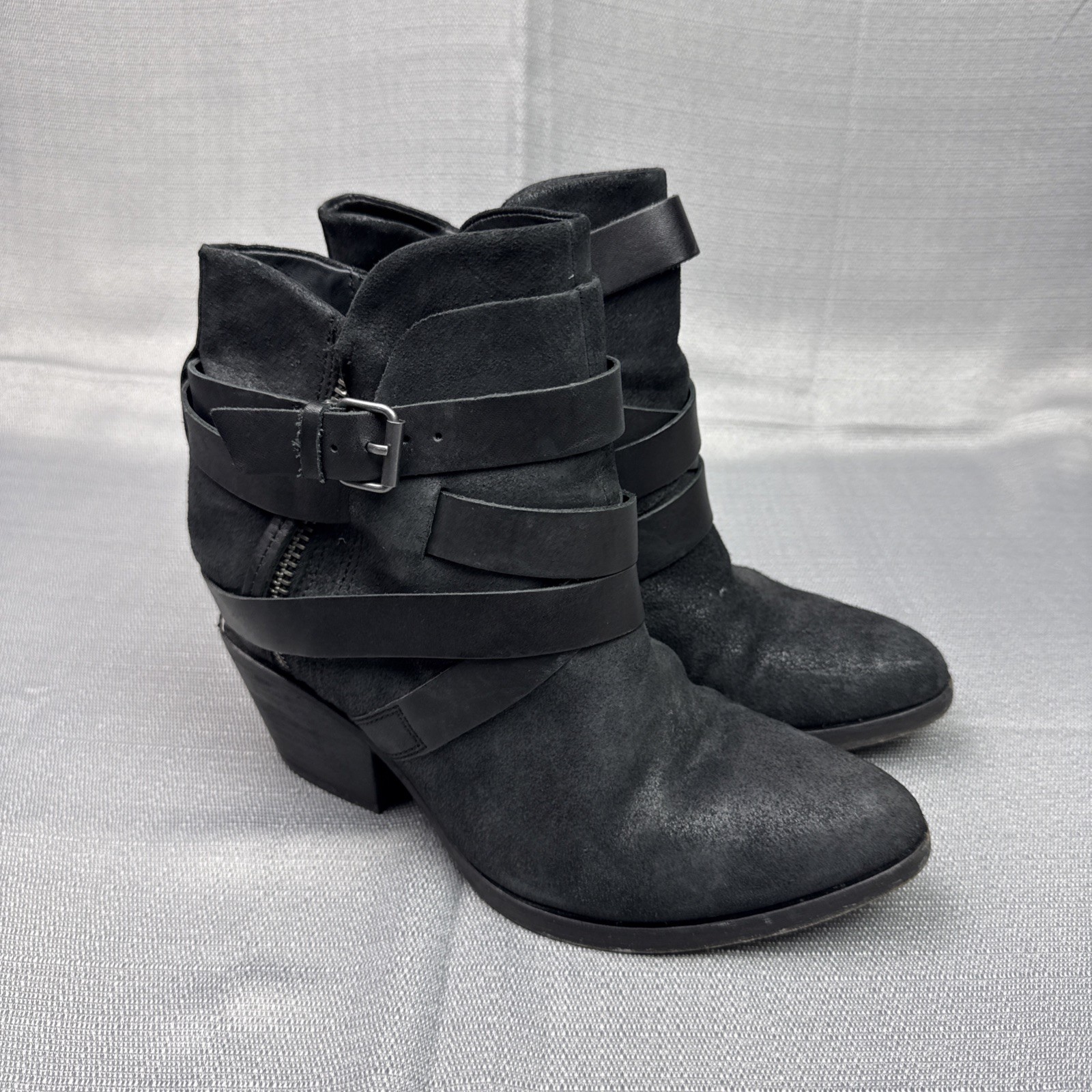 Ash Women’s Manhattan Strapped Distressed Suede Ankle Boots Sz 10 M Black