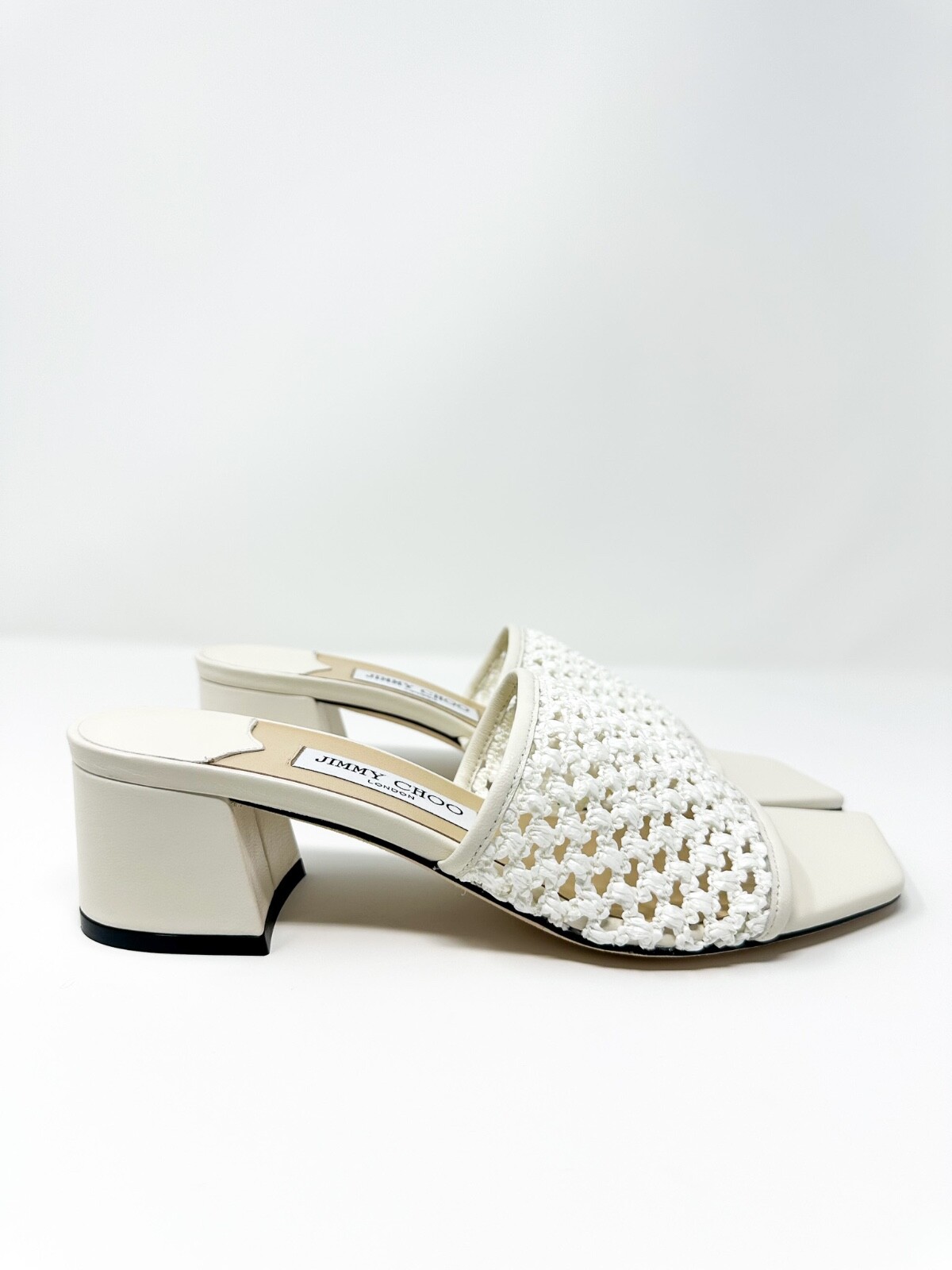 Jimmy Choo Women’s Themis Woven Block Heel Slide Sandals Latte 8.5 / 38.5 $725