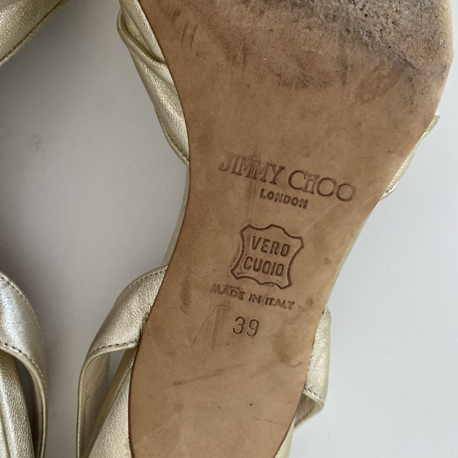 Jimmy Choo Gold King Slingback Sandal Open Toe Leather Slim Heel 39