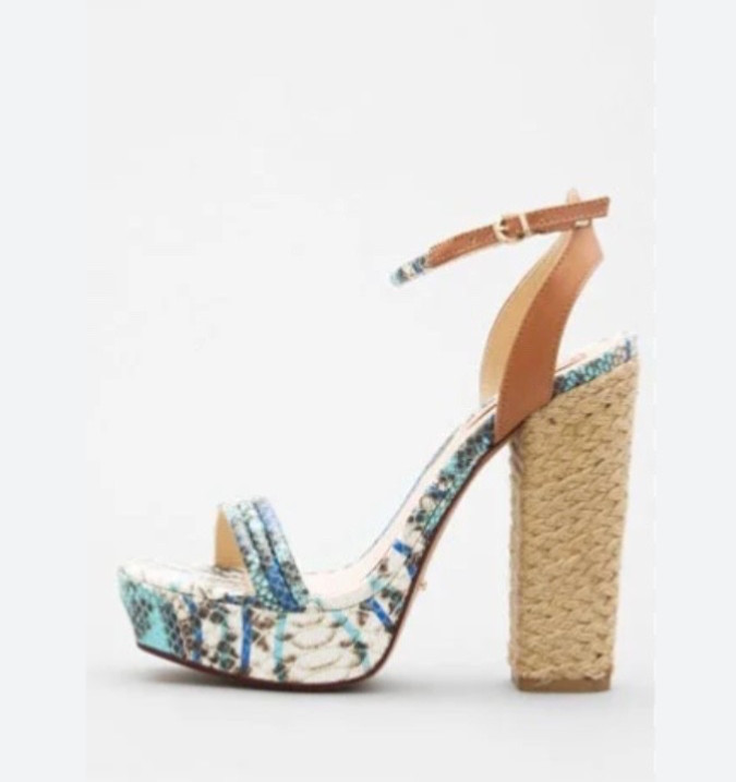 SCHUTZ «Wetherly» Women’s Snakeskin Espadrille Heel Sandals – Beige / Blue – 7 B