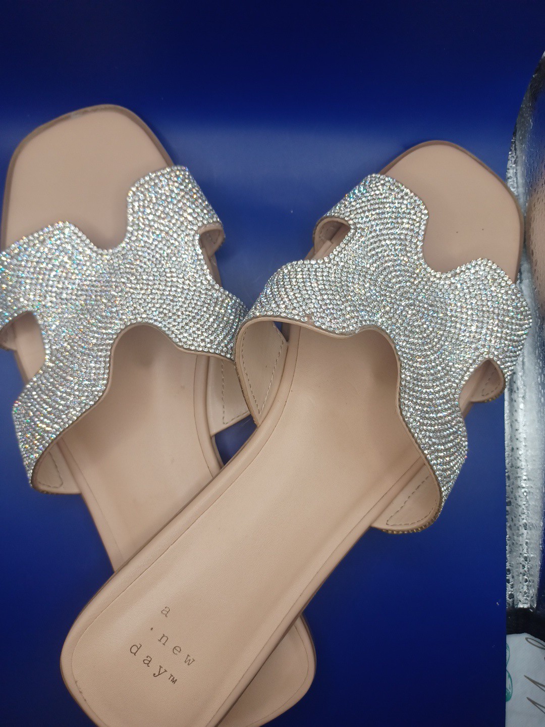A New Day Women’s Silver Rhinestone Glitter Strap Slide Sandals US 8