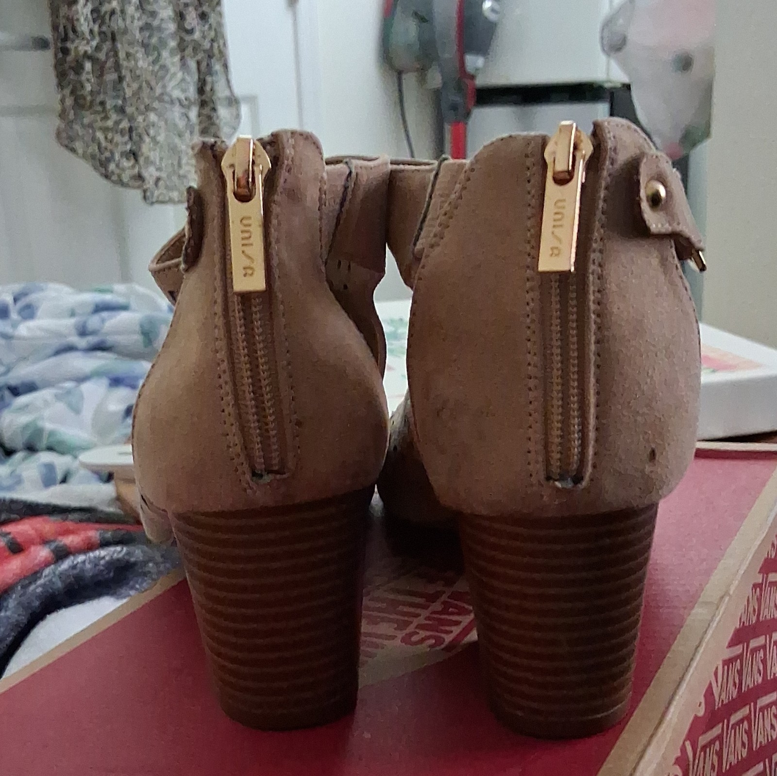 Unisa Beige Suede Open Toe Strappy Cutout Booties Zip, Buckle Ankle Strap 6