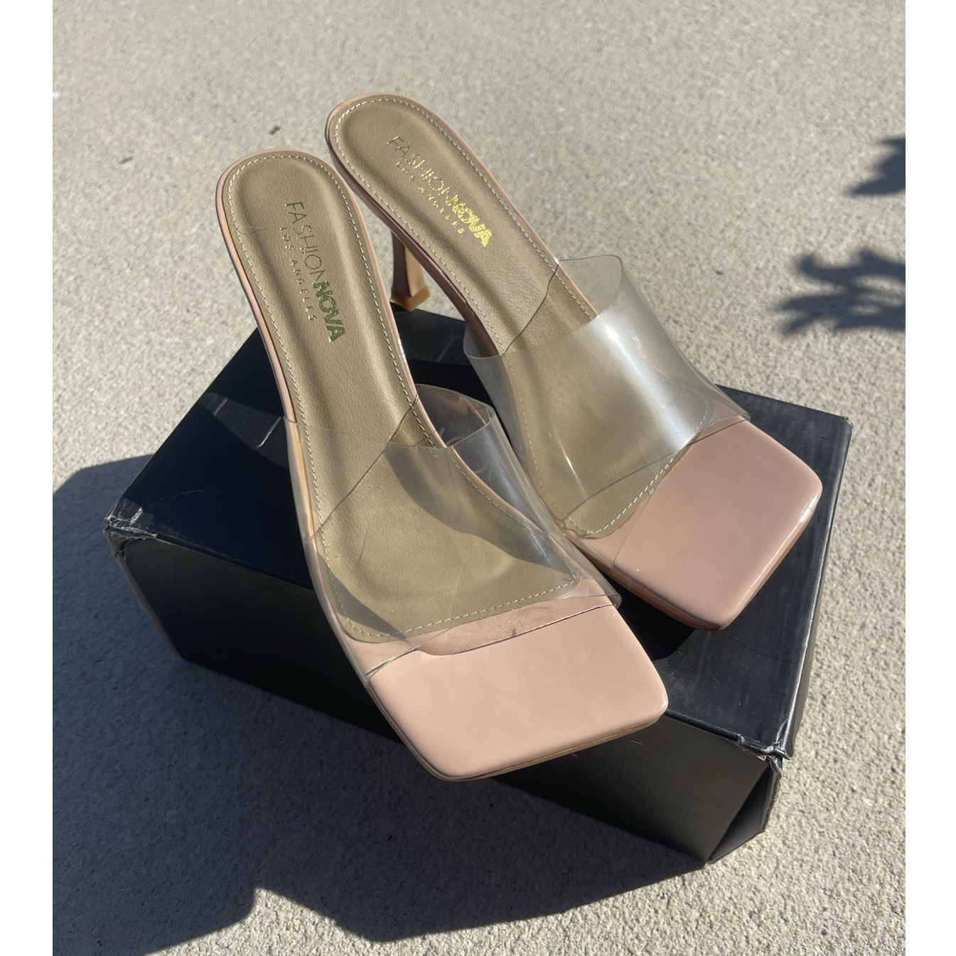 Fashion Nova Women’s Nude Clear Plastic Strappy Stiletto Square Toe Mule Heels 9