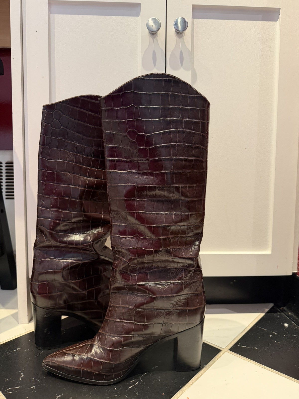 Schutz Mary Ana Burgundy Croc Embossed Western long knee high Rider Boots 10B