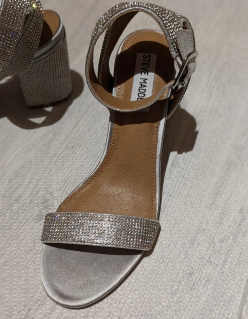 Steve Madden Silver Rhinestone Ankle Strap Leather Open Toe Buckle Sandals 6.5M