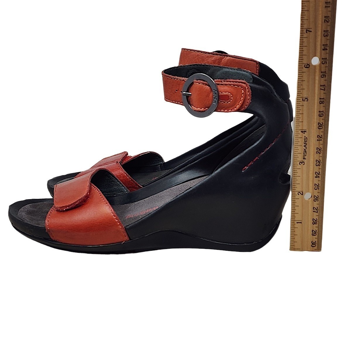 Wolky Wedge Sandals 37 6 Wom Black Red Leather Ankle Strap Comfort 1175 Walking