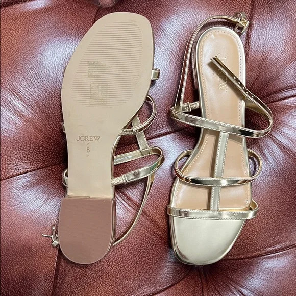 J. Crew~Gold~Cage~Ankle~Straps~Low block heels~Sandals~7 1/2~8N~NWT!
