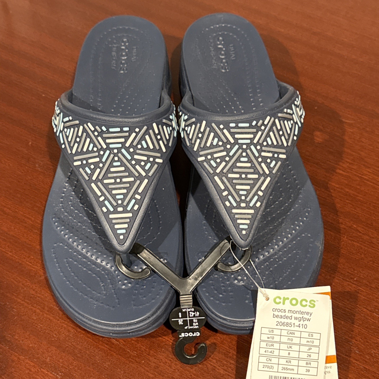 NWT Crocs Womens Monterey Beaded Navy Blue Wedge Flip Flop Sandals Size 10
