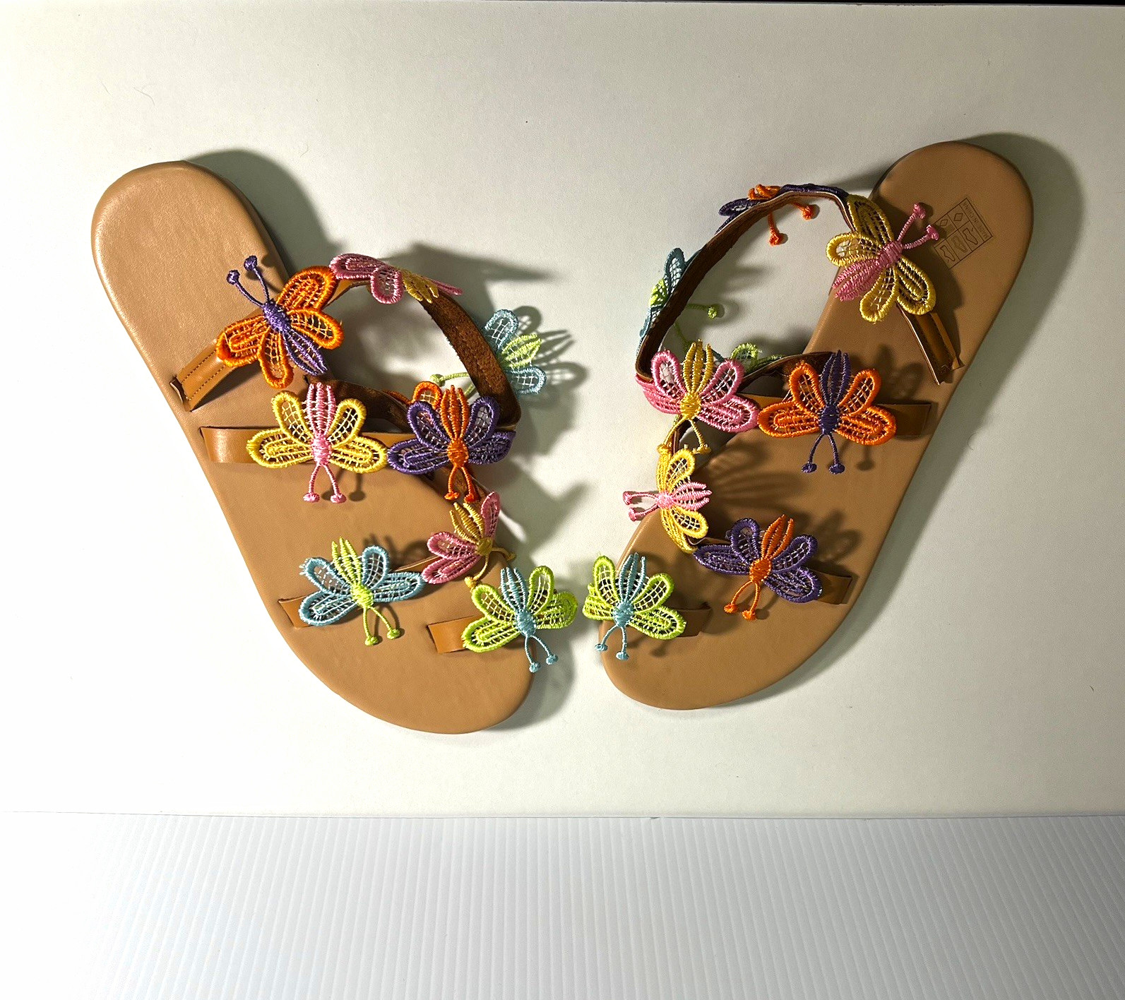 Women’s Brown Slip-On Flat Sandals EU 39 Multicolor Embroidered Butterfly
