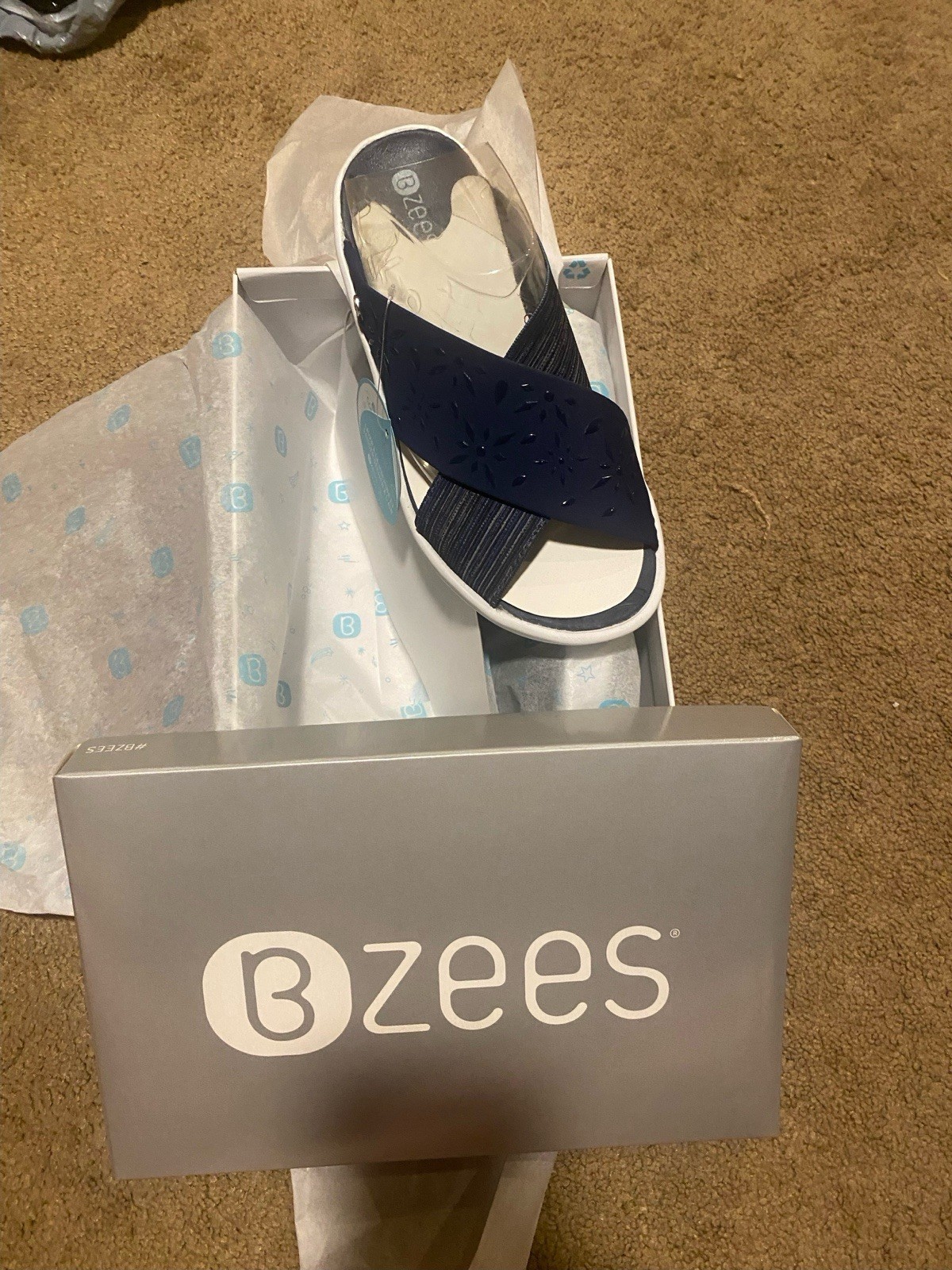 Bzees Women’s Slip-On Wedge Slide Sandals Blue/White Solid Synthetic Logo NIB