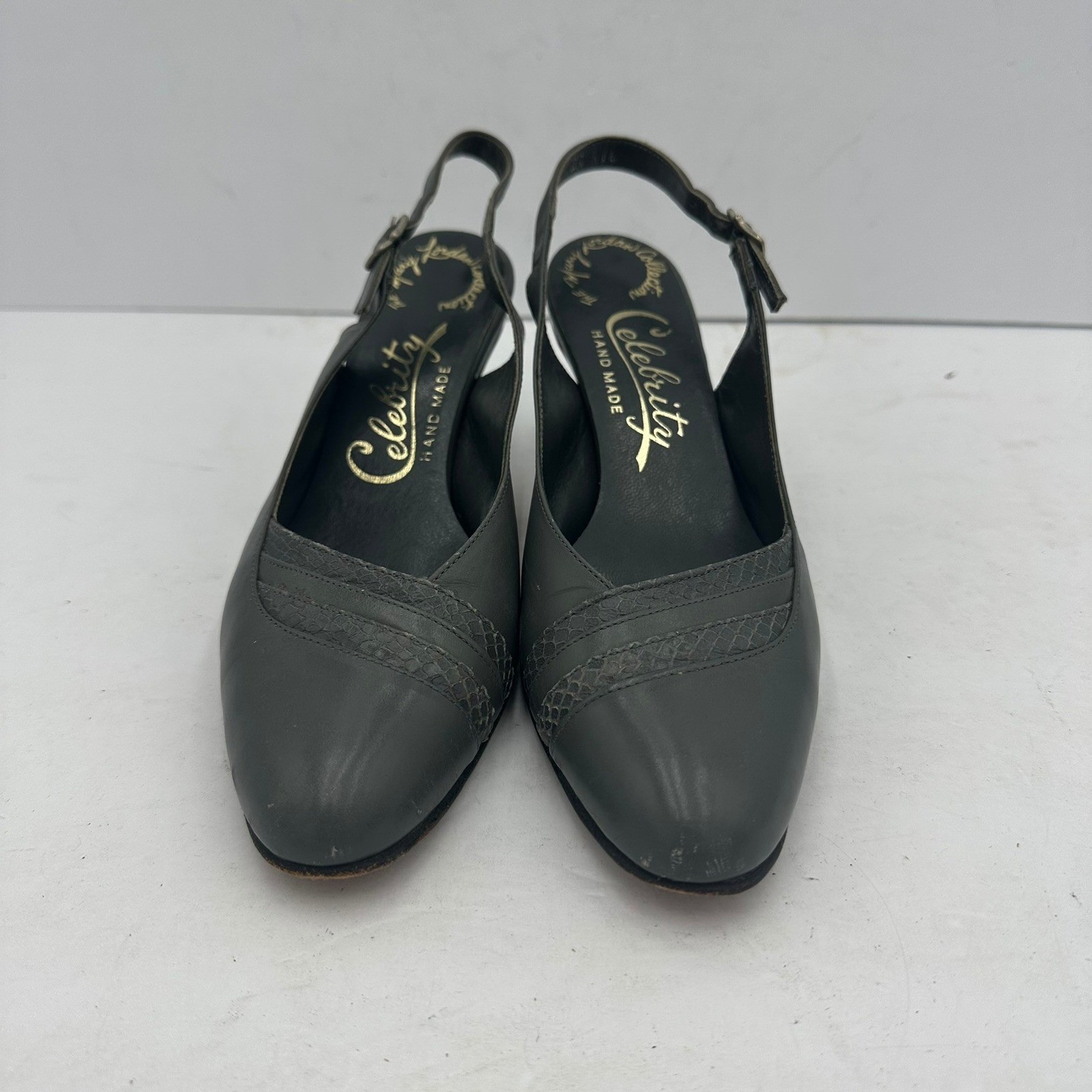 Celebrity Hand Made Mary Jordan Womens Gray Leather Slingback Heels Sz 8 Vintage