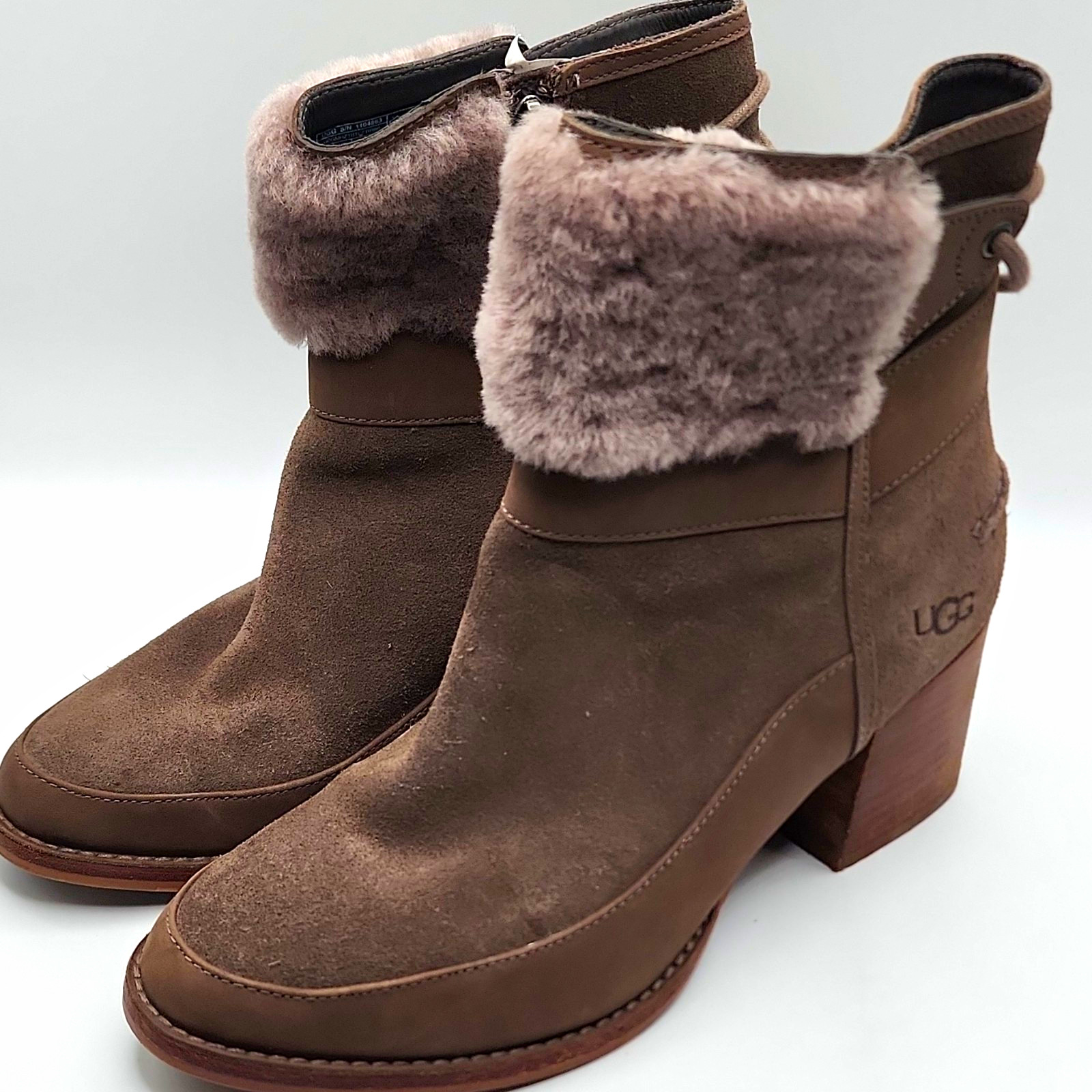 UGG Womens 8 Brown Suede Shearling Lined Faux Fur Trim Ankle Boots 1104863