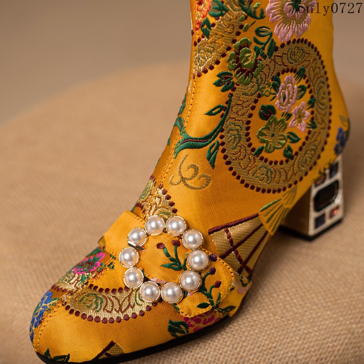 Women’s Ankle Boots Rhinestone Mid Chunky Heel Side Zip Embroidered Shoes Hot