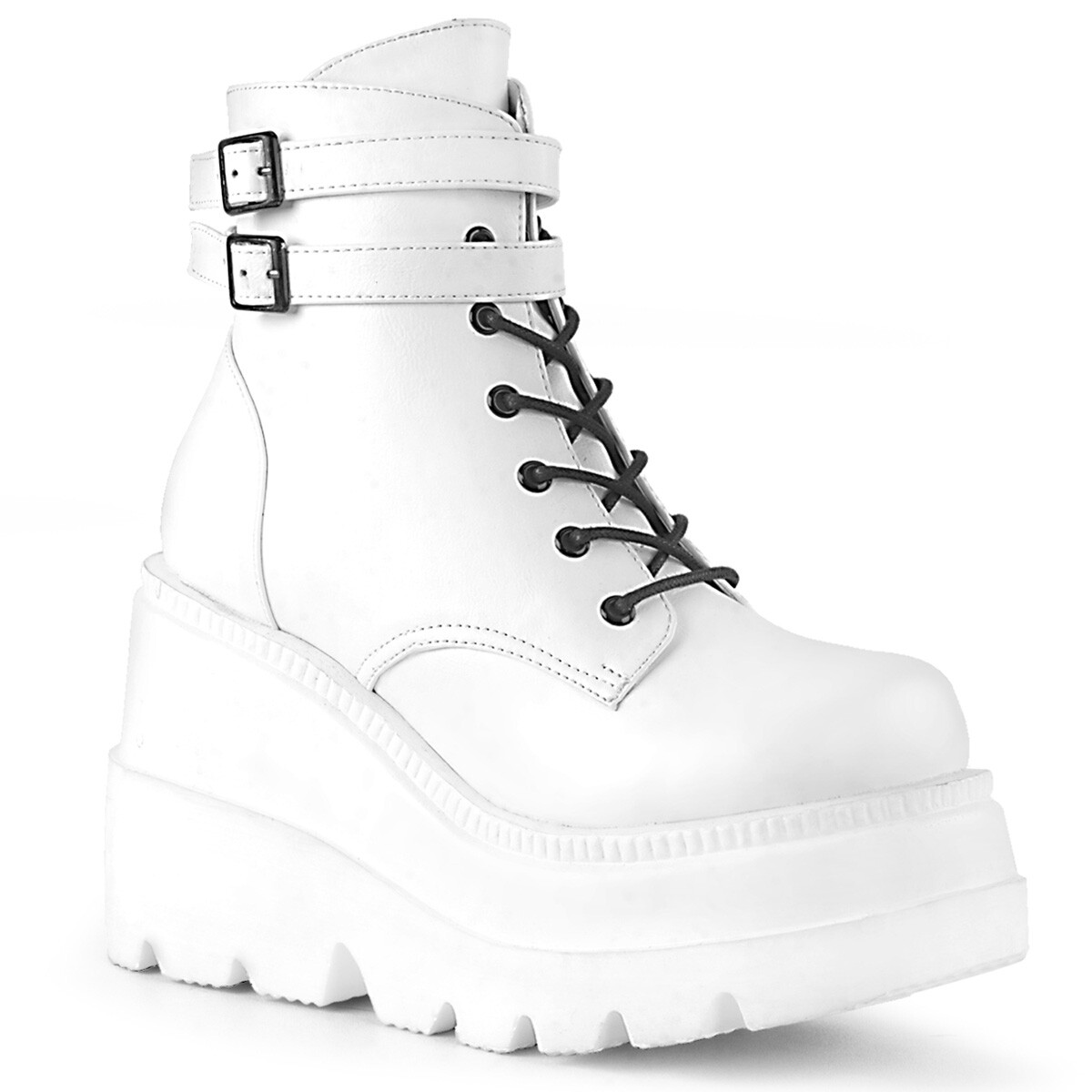 WHITE VEGAN LEATHER 4.5″ ANKLE BOOT-LACES-BUCKLE STRAPS-PF Sz 6 7 8 9 10 11 12