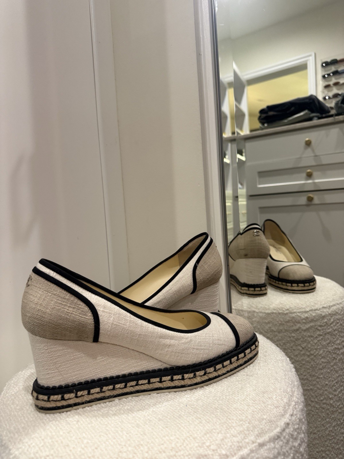 CHANEL Beige/Black Canvas CC Logo Wedge Espadrille Flats Slip-On Women 10