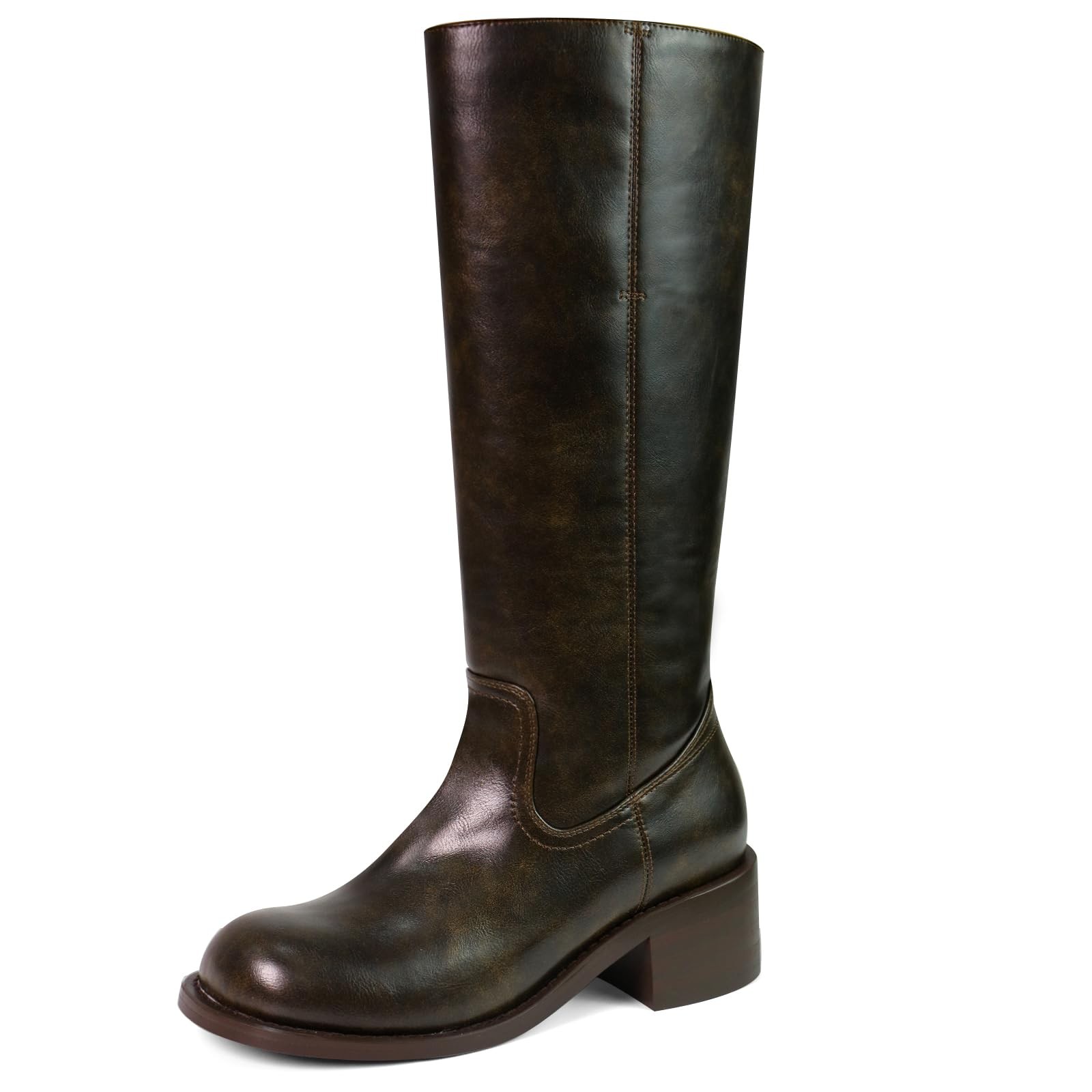 Dark Brown Campus Boots for Women Square Toe Chunky Block Heel Long Boots Wid…