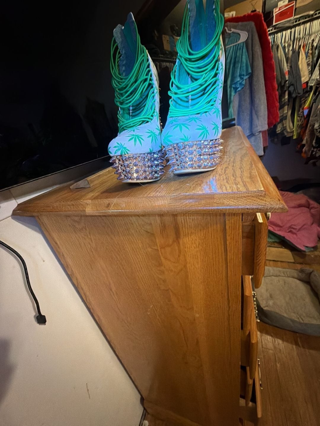 Kush Kouture Stiletto Platform Heels with Green Leaf Print and Spikes