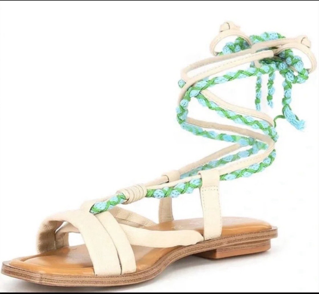 Chelsea & Violet Dahlia Leather Ankle Wrap Lace Up Strappy Sandals 6 Flats