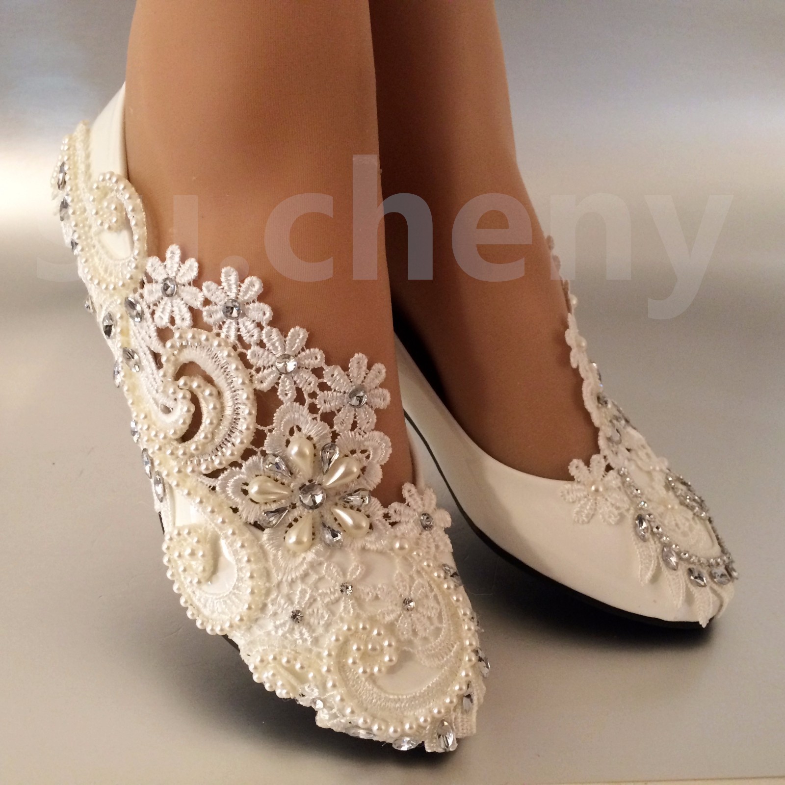su.cheny White ivory pearls rhinestones lace flat Wedding shoes Bridal size 5-13