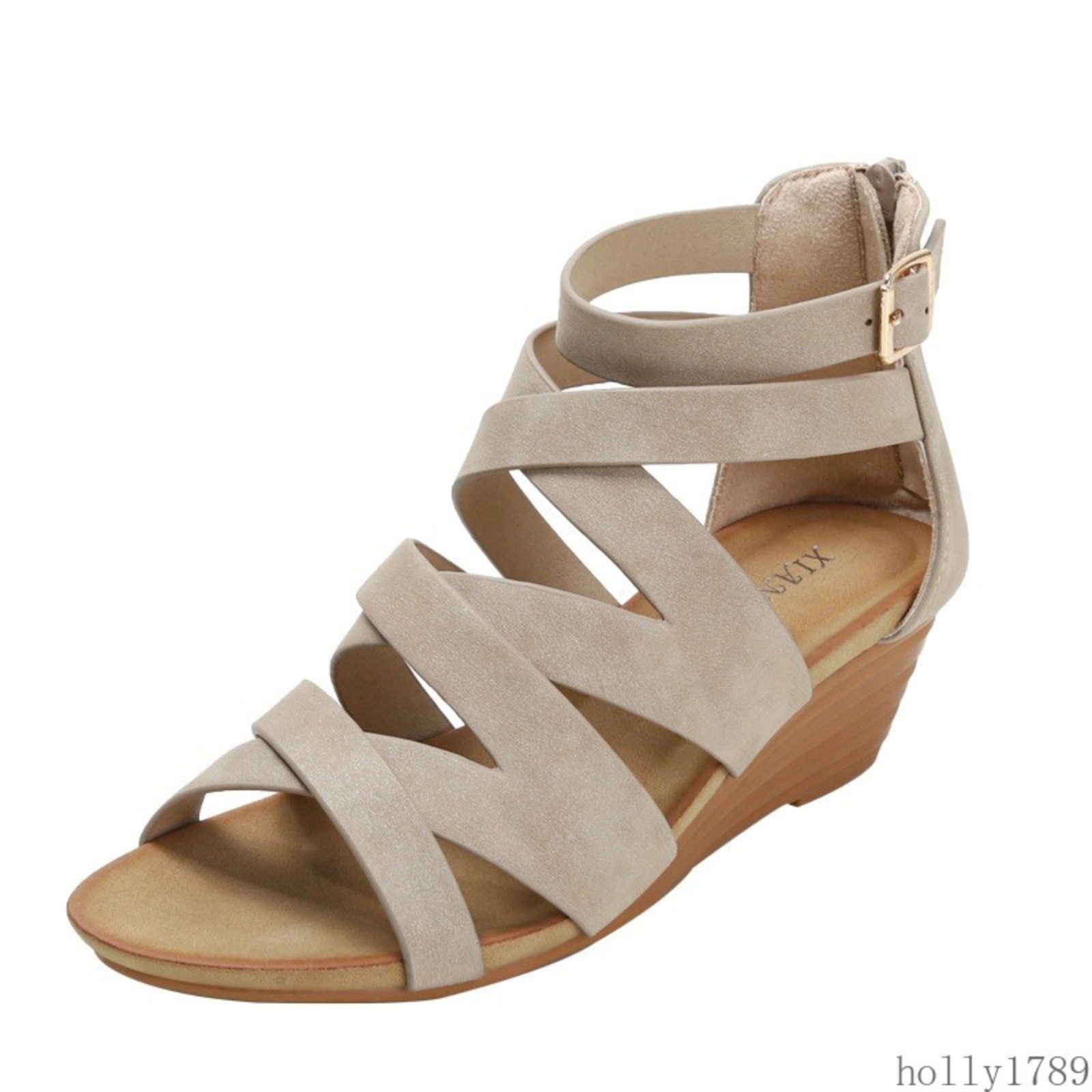 Women Crisscross Multi Strap Adjustable Buckle Zip Open Toe Wedge Heel Sandals