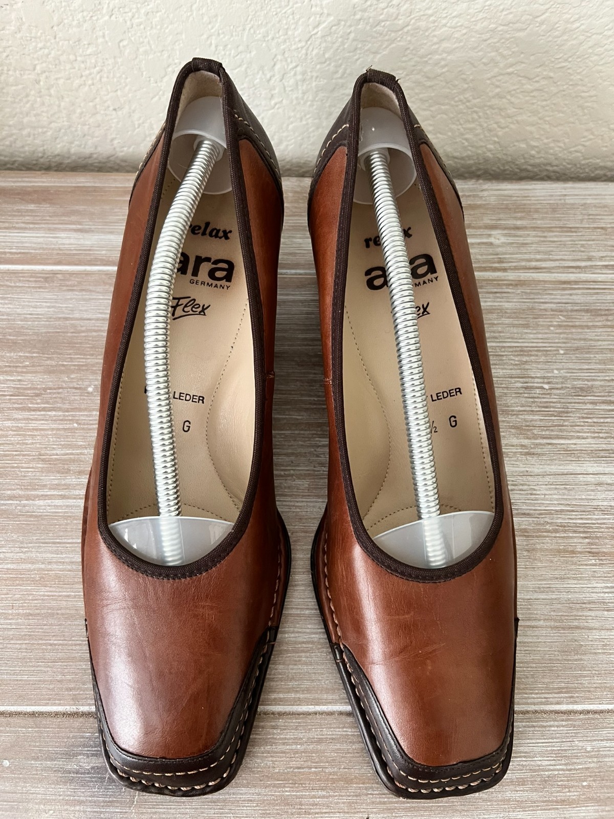 Ara Germany Relax Flex Leather Pumps Brown Square Toe Block Heel UK 5.5 G US 8