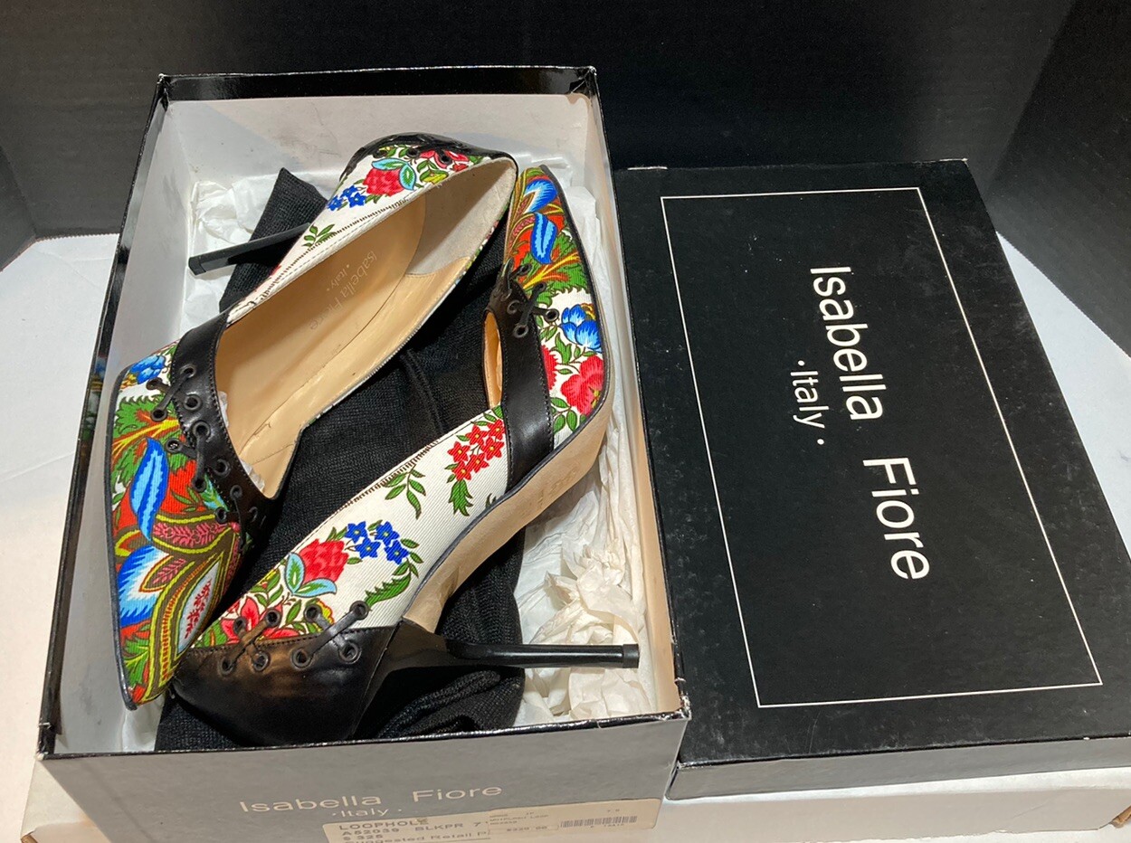 ISABELLA FIORE Flower Pattern Fabric & Black Leather Pumps In Box Beautiful