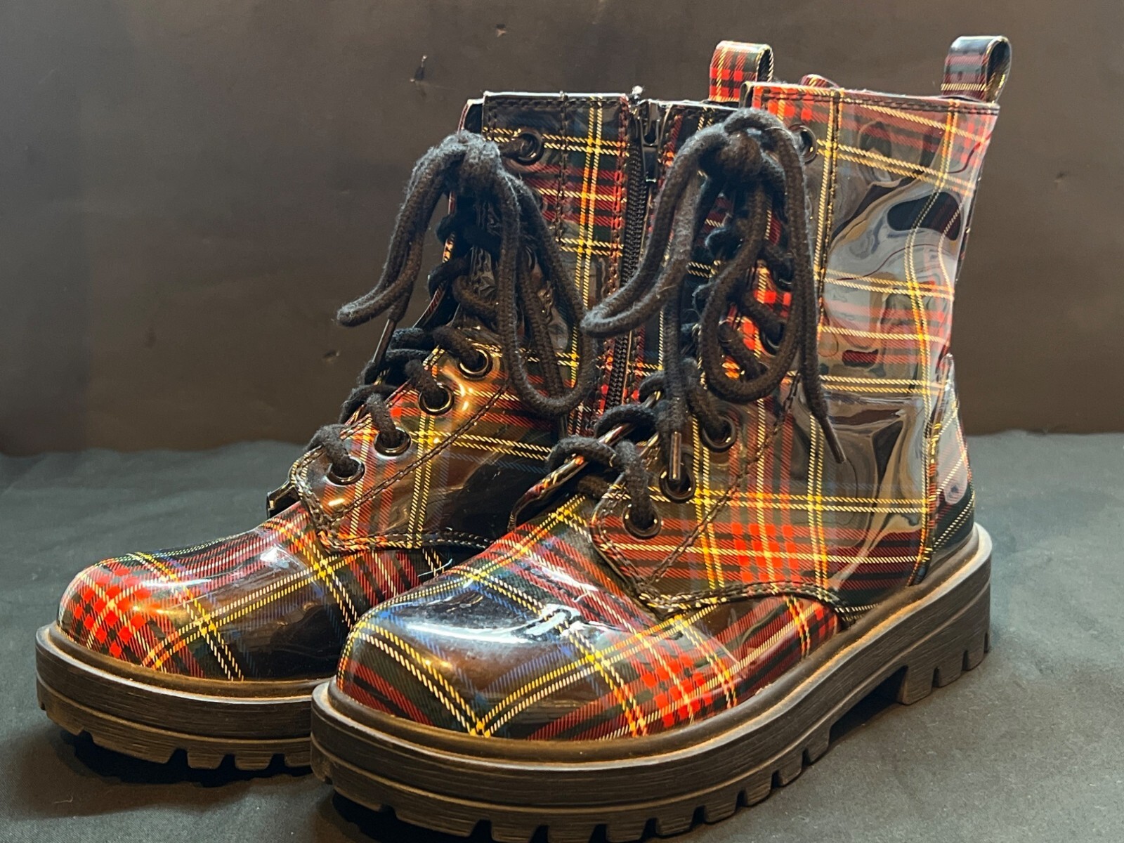 SODA Red & Yellow Plaid High-Gloss Combat Boots With Side Zipper & Lace-Up