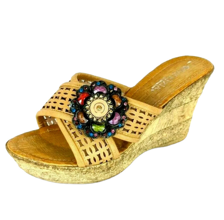 Patrizia by Spring Step Bell Tan Embellished Slide Wedge Sandals EU 40 / US 9