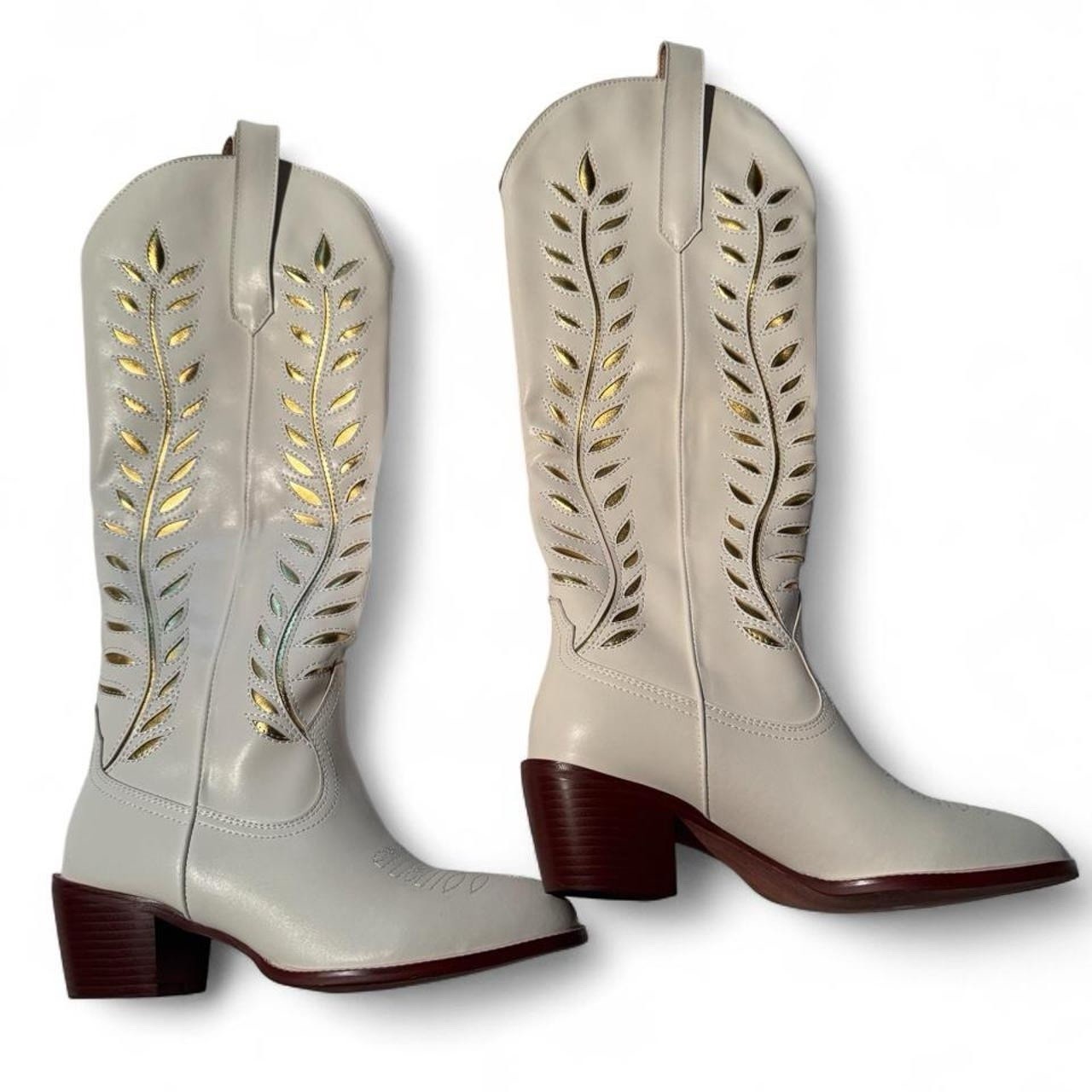 Women’s White Cutout Western Cowboy Boots Mid Calf Block Heel Pull On Size 38
