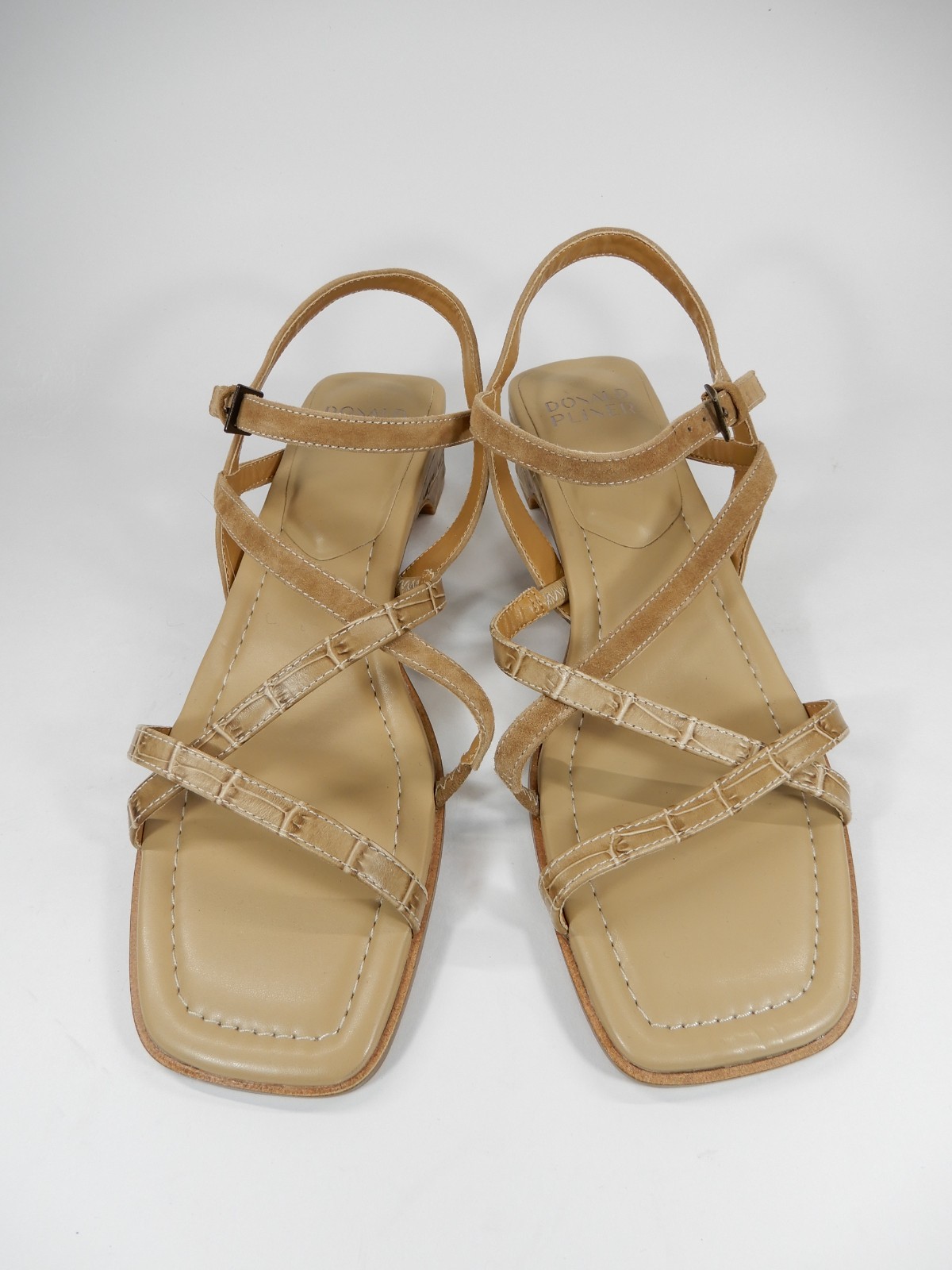 Donald Pliner Cecilia Strappy Sandals Size 9 Low Heel Tan Croc Suede Leather NEW