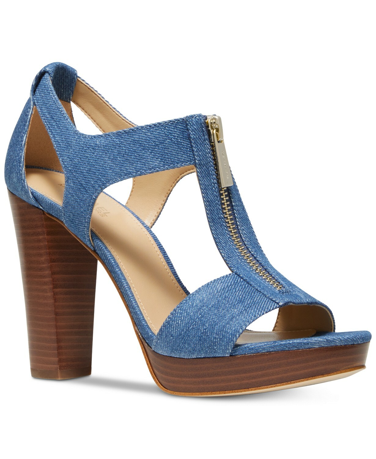 Michael KORS BERKLEY DENIM PLATFORM T STRAP GOLD LOGO ZIPPER SANDAL I LOVE SHOES