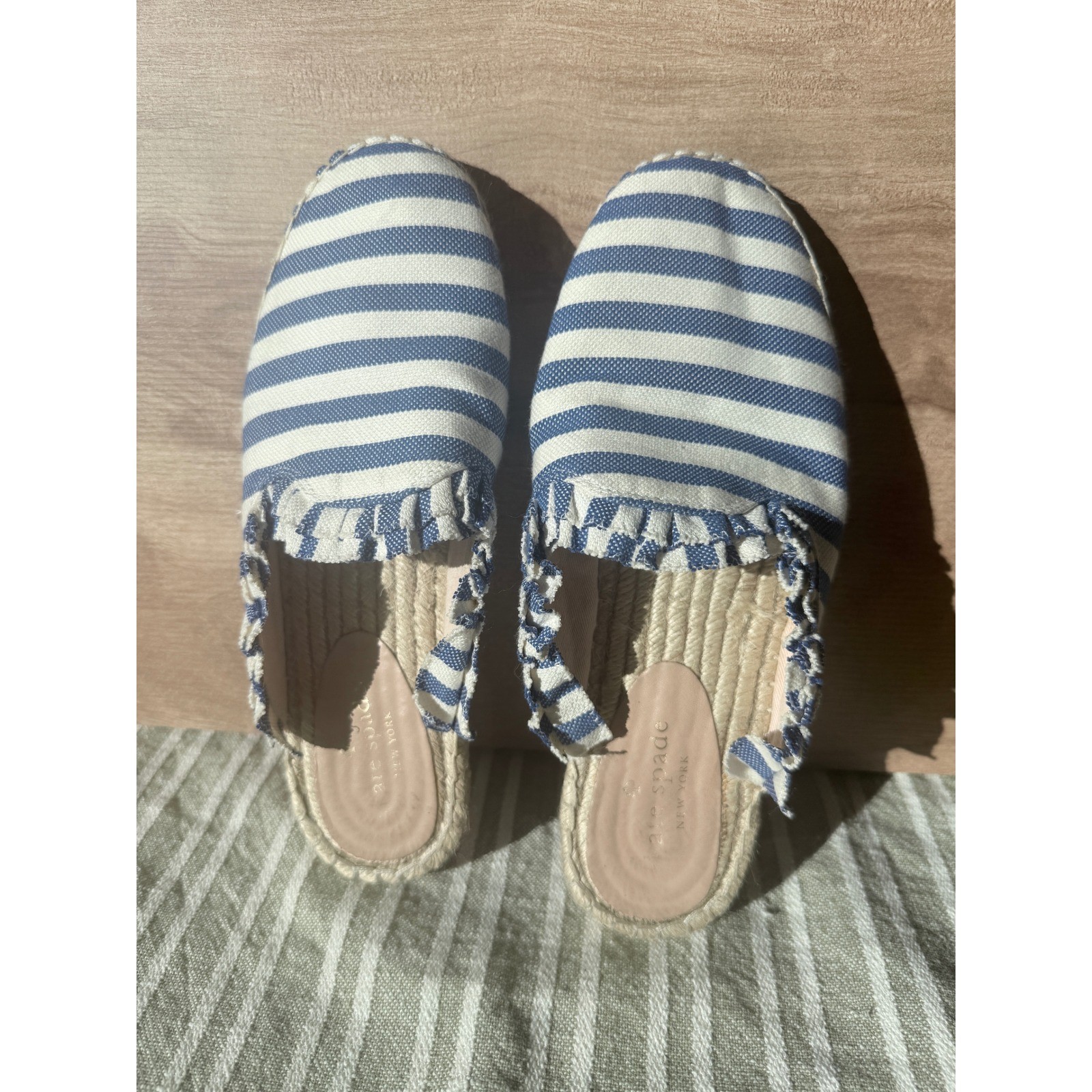 Kate Spade Blue White Striped Ruffle Espadrille Slides Women’s Size 8