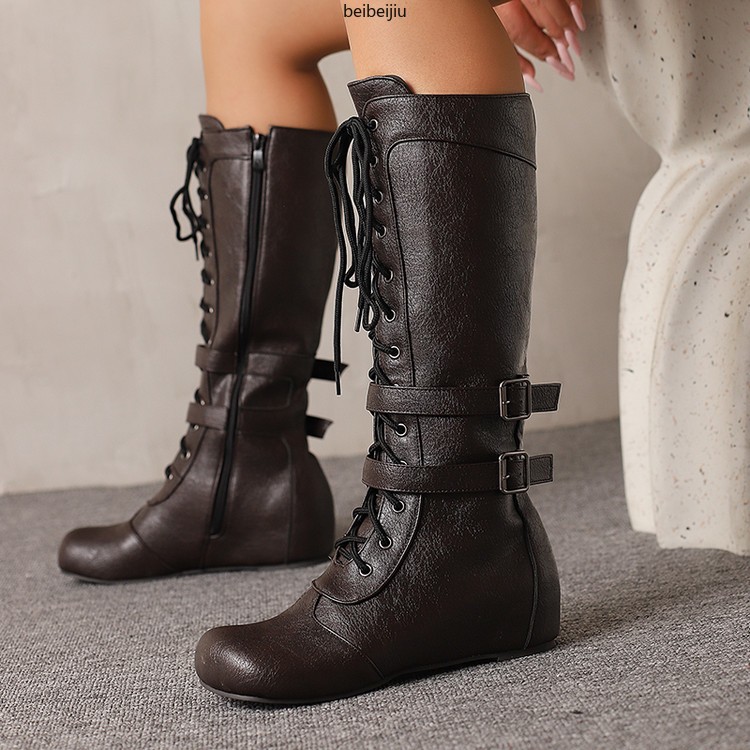 Women’s Mid Calf Hidden Wedge Heel Boots Lace Up Buckle Casual Shoes 48/49/50
