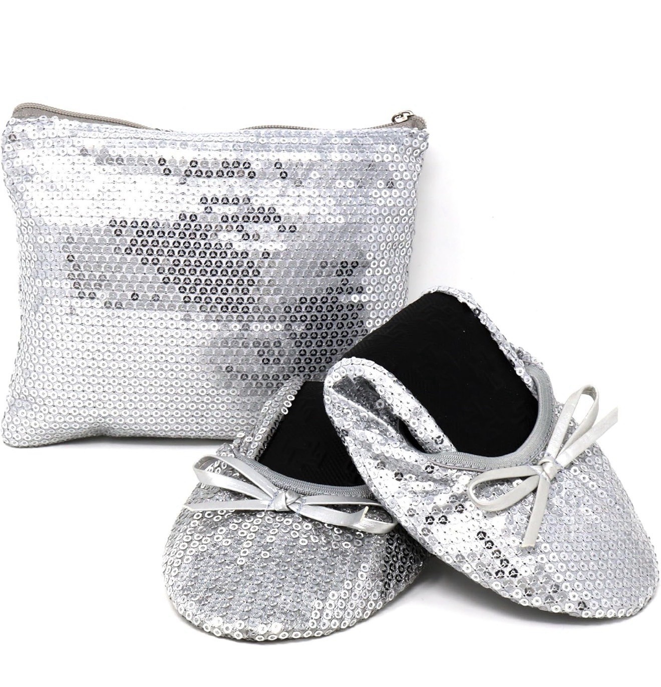 Silky Toes Foldable Flats for Women Purse Ballet Ballerina Slippers Silver Size