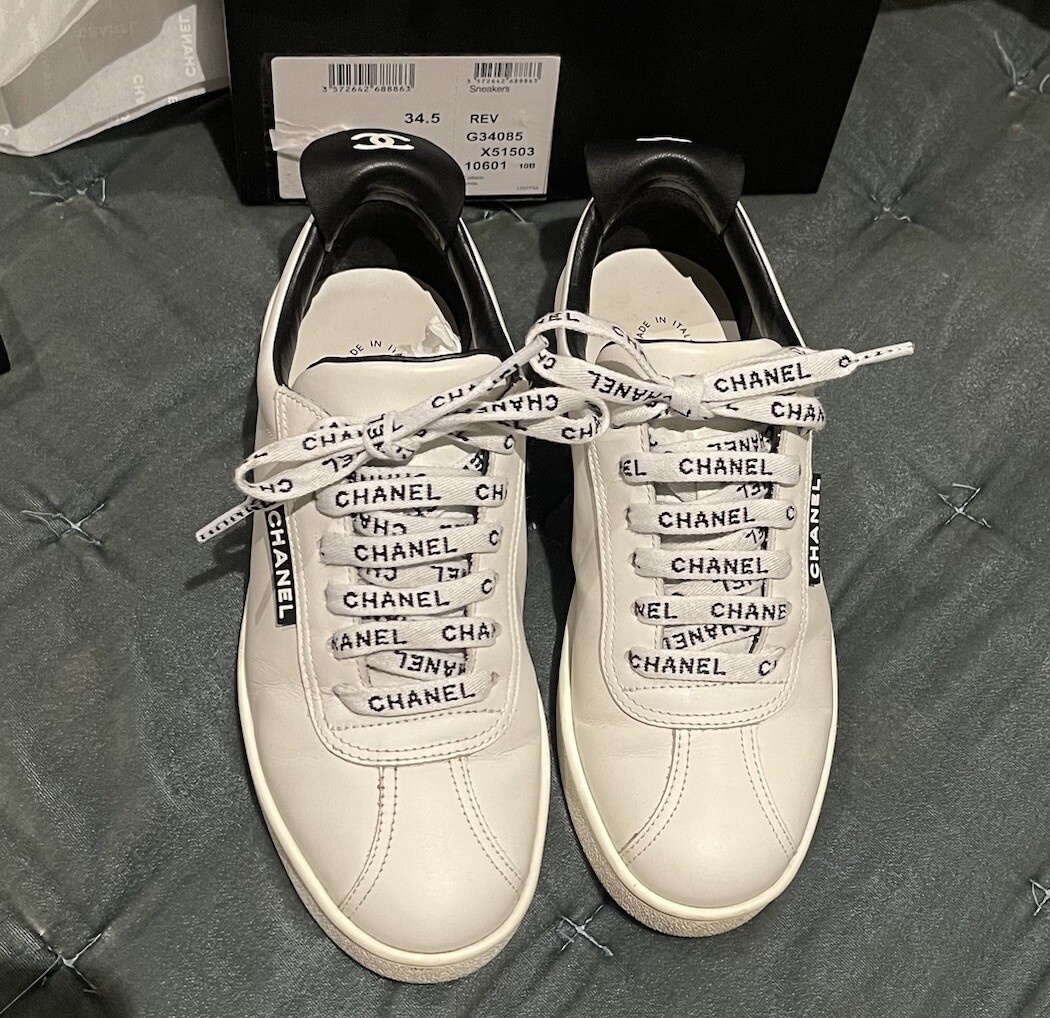 Chanel Logo Pull Tab Lace-up Sneakers White & Black Size 34.5