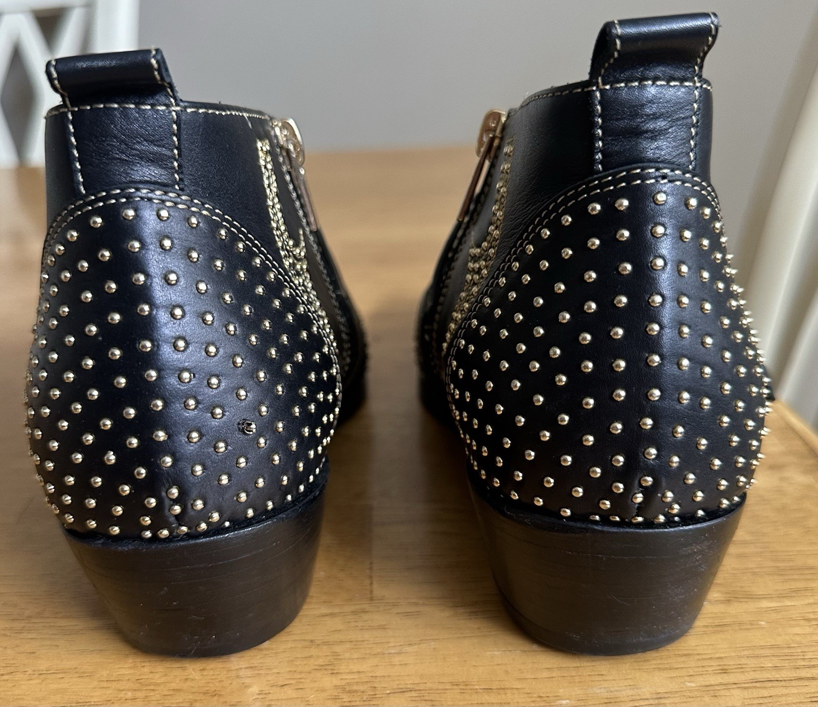 Anine Bing Penny Ankle Boots 37 Black Gold Studded Zipper Buckles 6.5 US