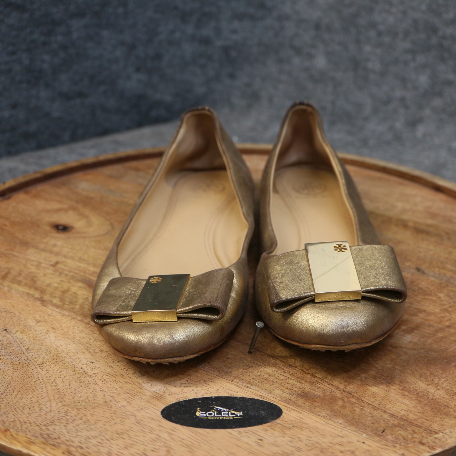 Tory Burch Chase Ballet Flats Size 8 M Metallic Gold Leather Bow Slip On Shoes