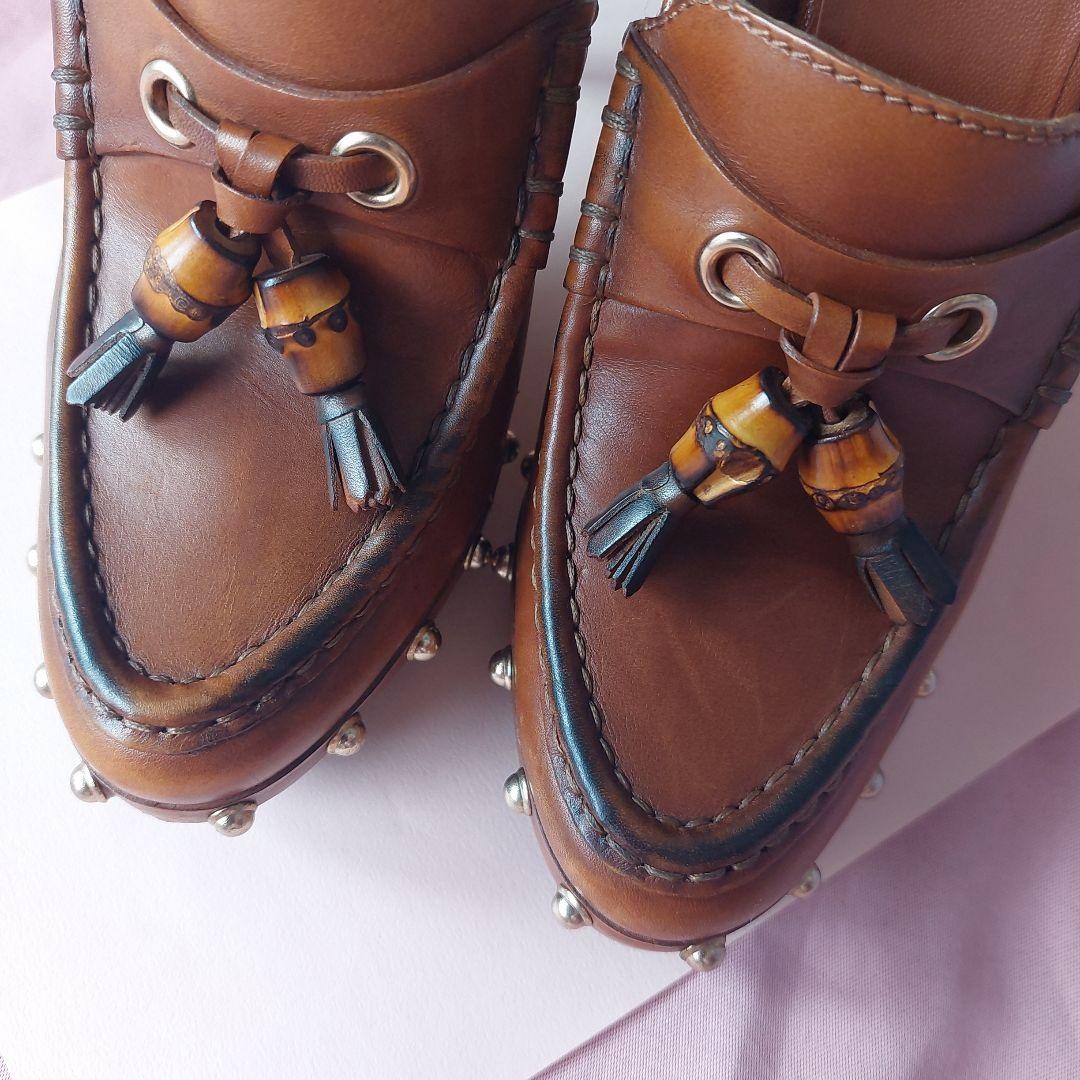 Auth GUCCI Studded Sabot Mules Bamboo Bit Wood Platform Heels Vintage IT35.5 US5