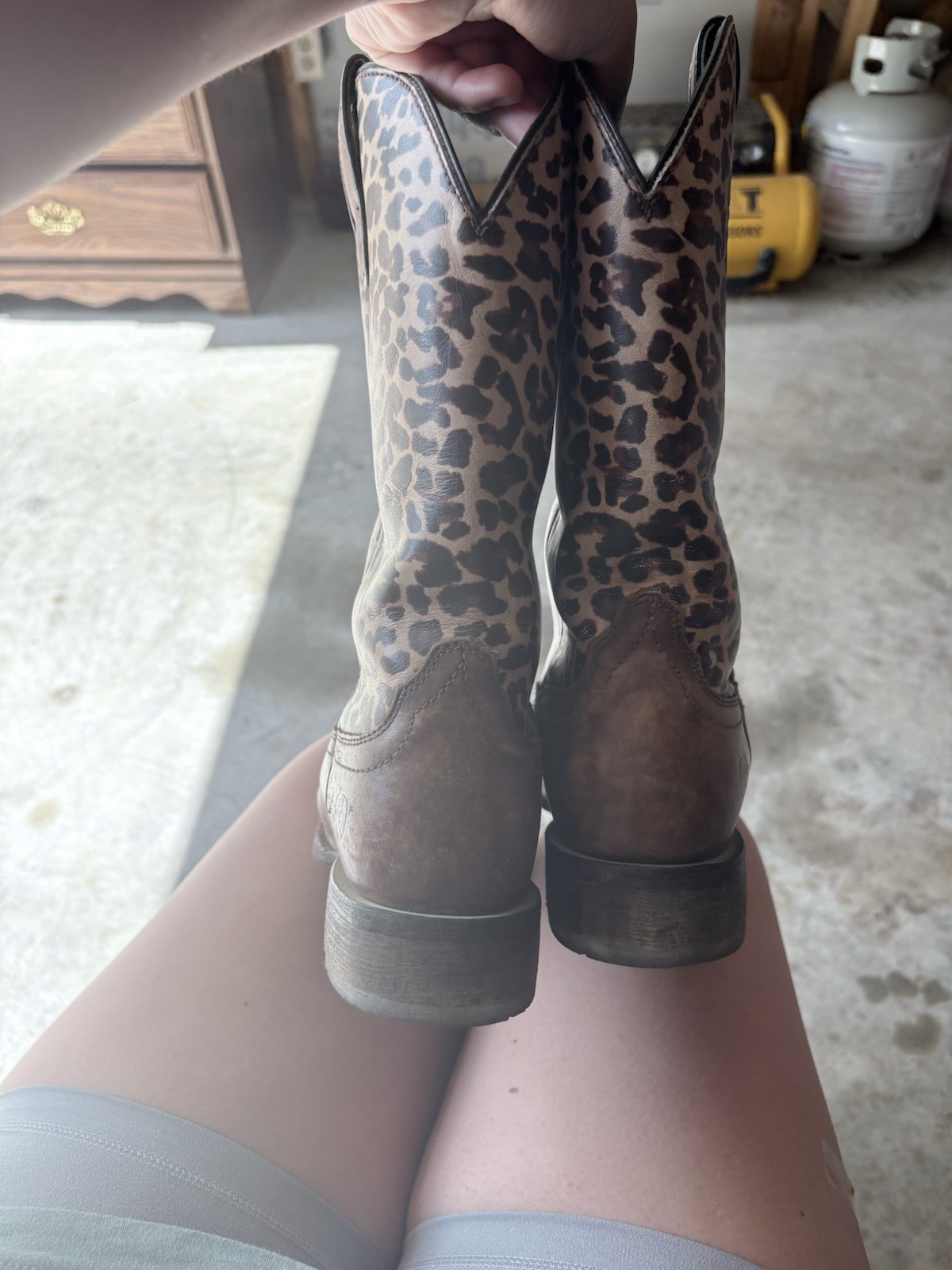 Women’s Western Cowboy Boots Brown/Black Leopard Print Mid-Calf Square Toe