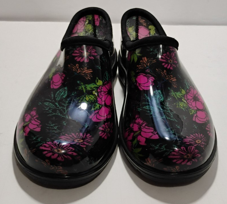Ground Work Womens Garden Clogs Black Floral Waterproof Shoes Size 9 LKNEW