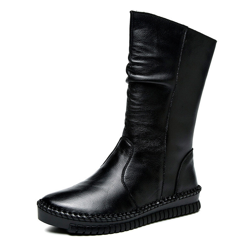 Women Boots Autumn Leather Retro Mid-Calf Boots Flat Shoes Real Leather Boots