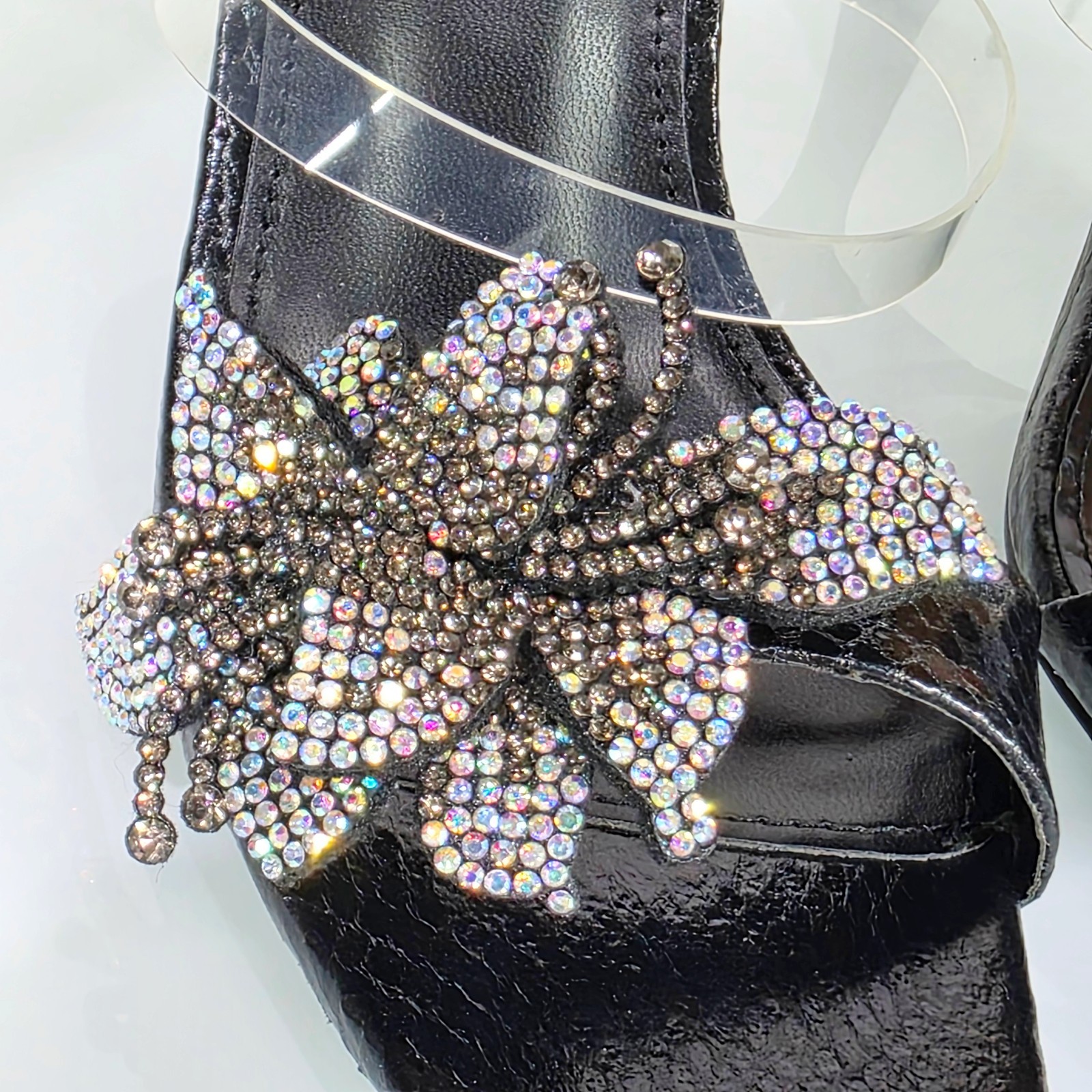 Lily Rhinestone Flower Black Slip On 3.25″ Heel Casual Evening Party Shoes